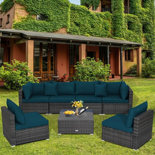 7-Piece Outdoor Rattan Sectional Sofa Set w/Peacock Blue Cushions