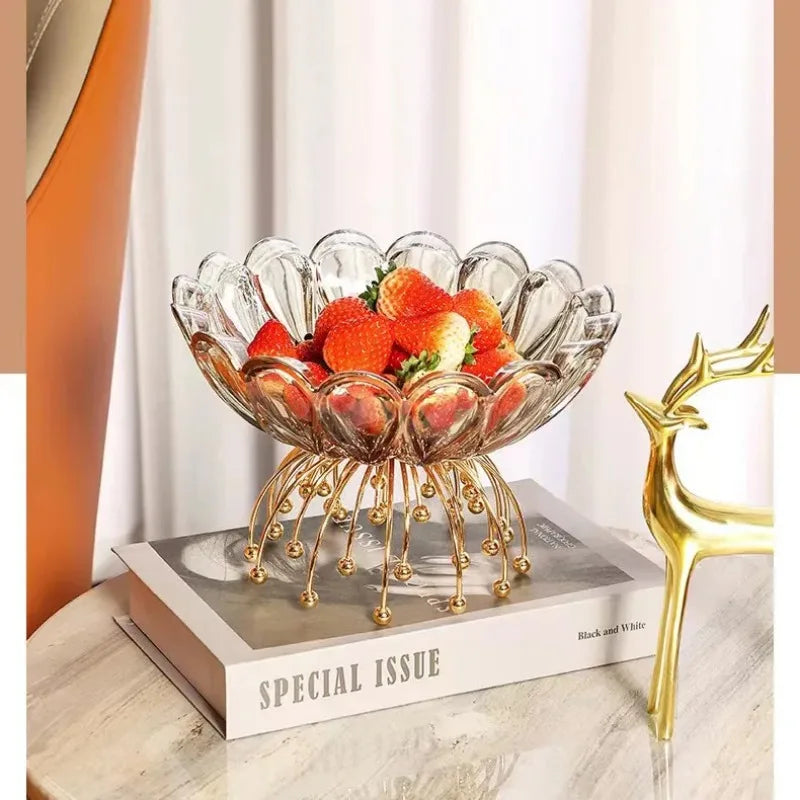 Stylish Amber Glass Flower Bowl with Beaded Metal Base - Elegant arrangement of flowers in the amber glass bowl, showcasing its versatility.