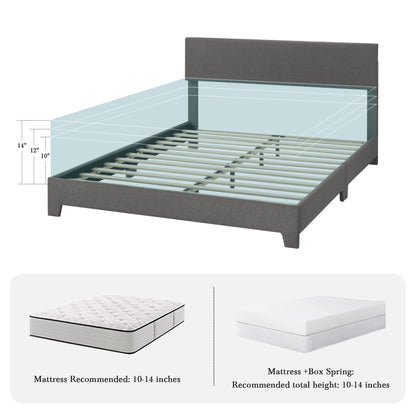 Stylish gray upholstered platform bed frame, ideal for a modern bedroom setting.