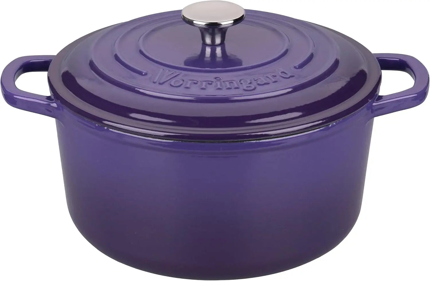Purple cast iron dutch oven 6QT on a rustic kitchen table, highlighting its aesthetic appeal in a modern kitchen.