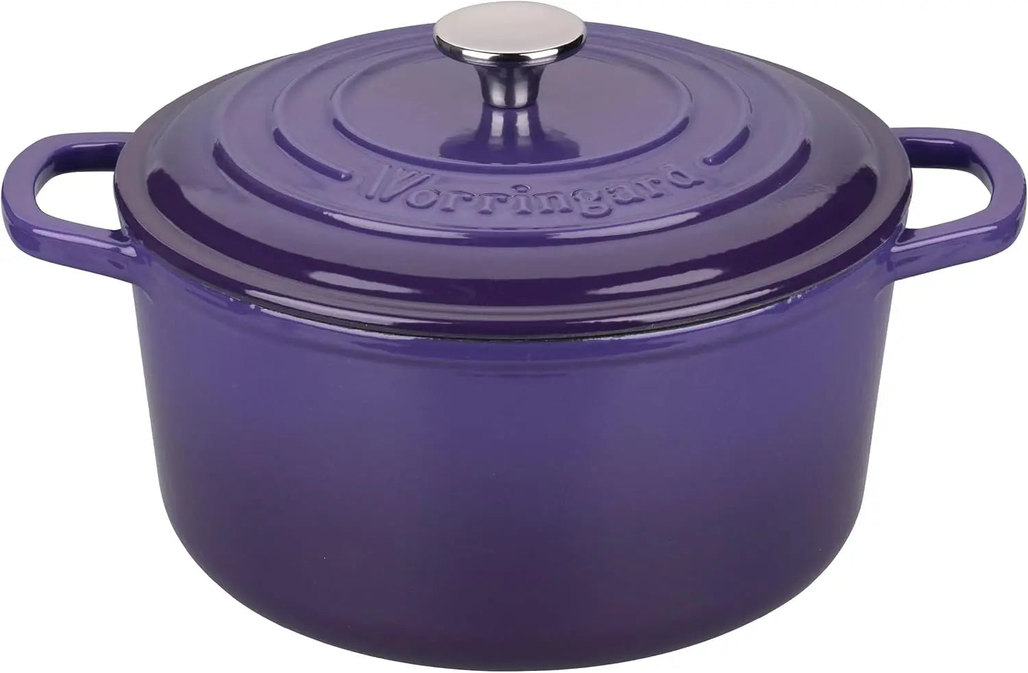 Purple cast iron dutch oven 6QT on a rustic kitchen table, highlighting its aesthetic appeal in a modern kitchen.