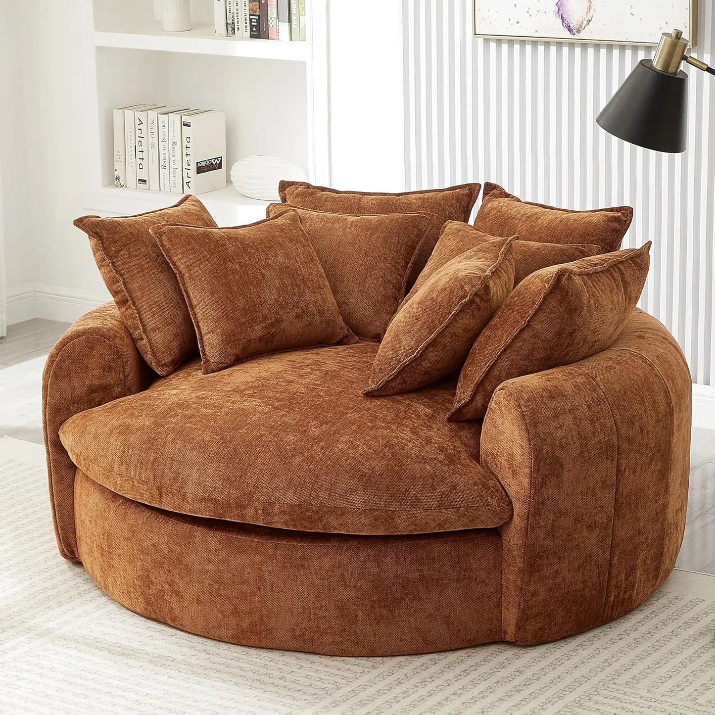 Chenille Round Chaise Lounge Sofa – Oversized Circular Cuddle Chair showcasing its cozy cocoon design.