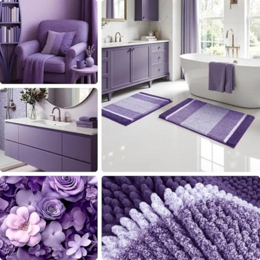 Vibrant striped gradient of lilac and dark purple in the Chenille Bath Mats, 2-Piece Non-Slip Set.