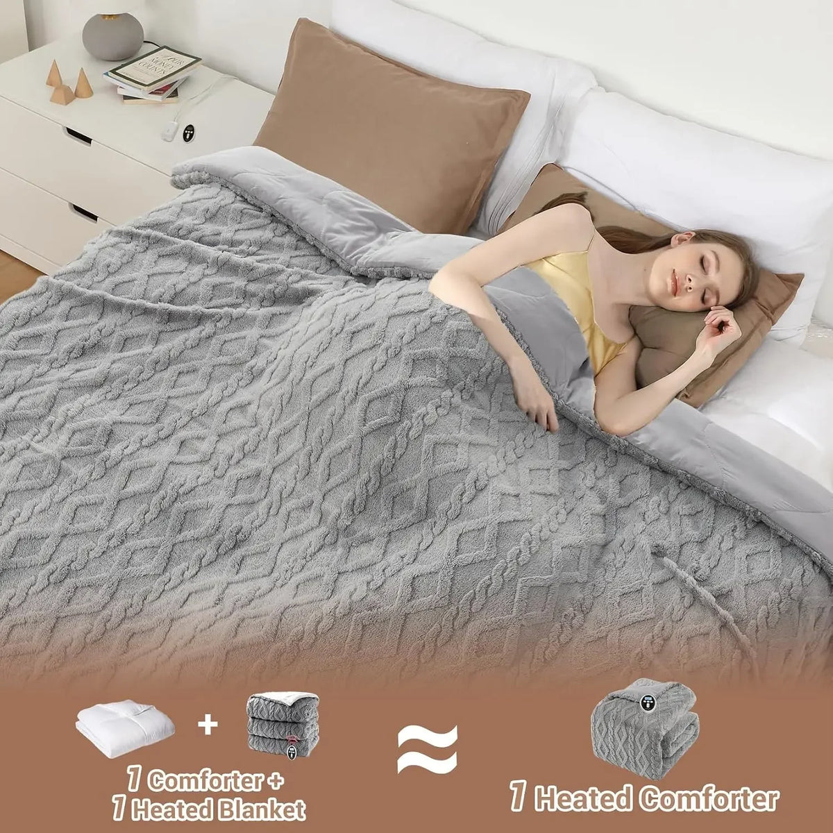 Queen 90x90 Heated Comforter with Dual-Zone Wireless Control, 6 Heat Levels & LCD Timer, soft tufted queen heated comforter fabric