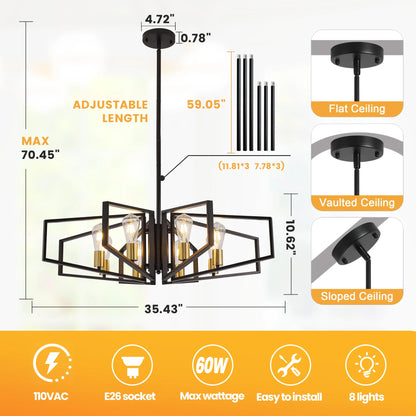 Modern 8-Light Geometric Black Frame Chandelier w/Gold Accents