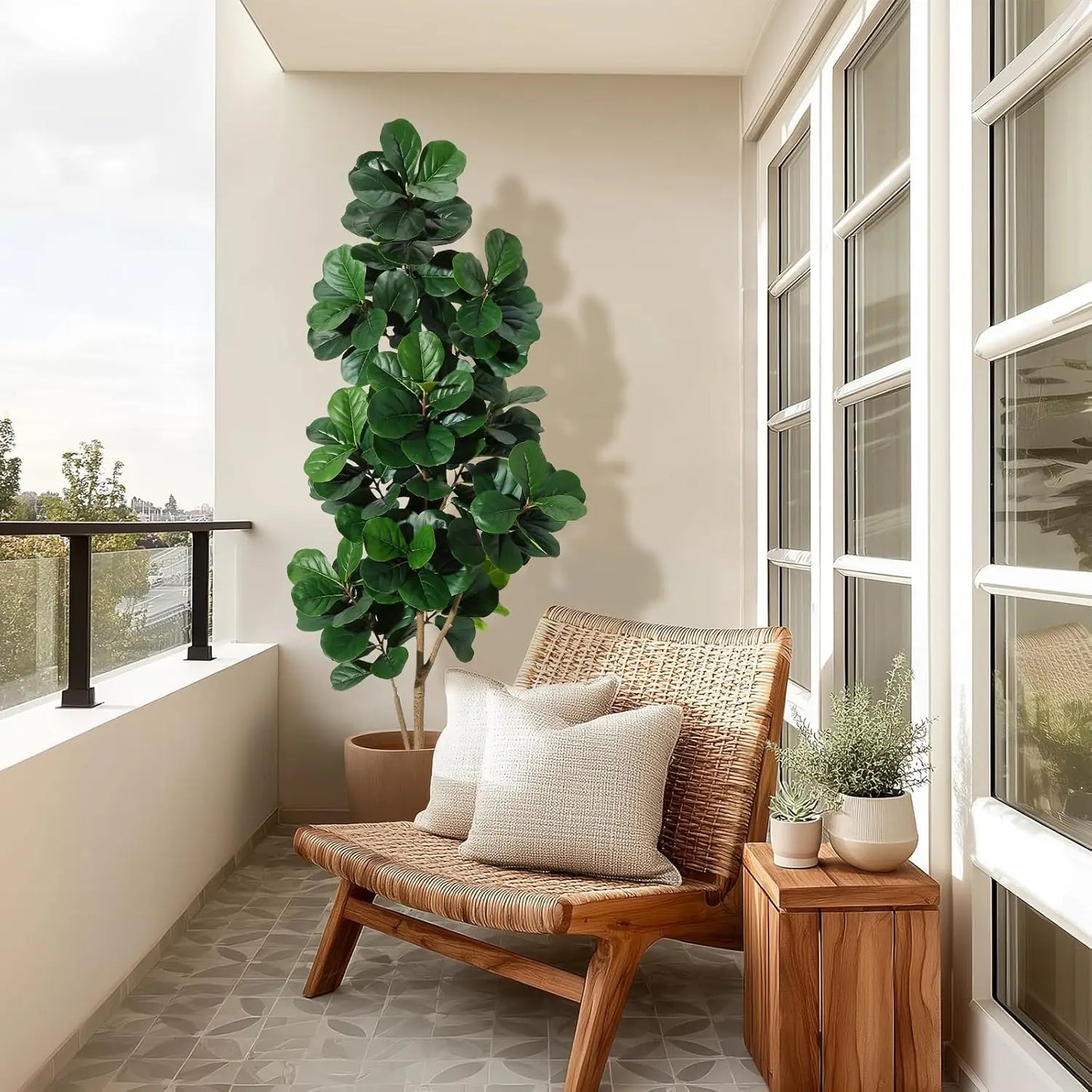 The elegant 7FT Realistic Faux Fiddle Leaf Fig Tree set in a modern white planter, perfect for enhancing home décor with zero maintenance.