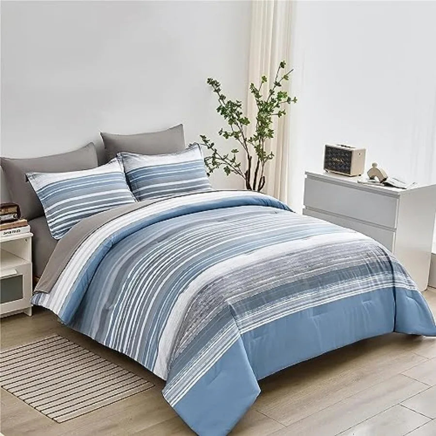 Stylish Light Blue Blue & White Striped Queen Comforter Set displaying soft microfiber bedding that combines comfort and elegance.