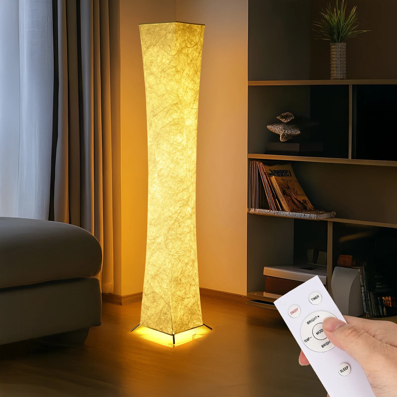 Elegant 64-Inch Dimmable Column Floor Lamp with a white fabric shade, showcasing its modern design.