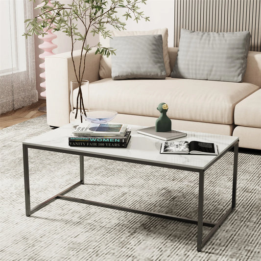 Rectangular Sintered Stone Coffee Table w/Black Metal Frame