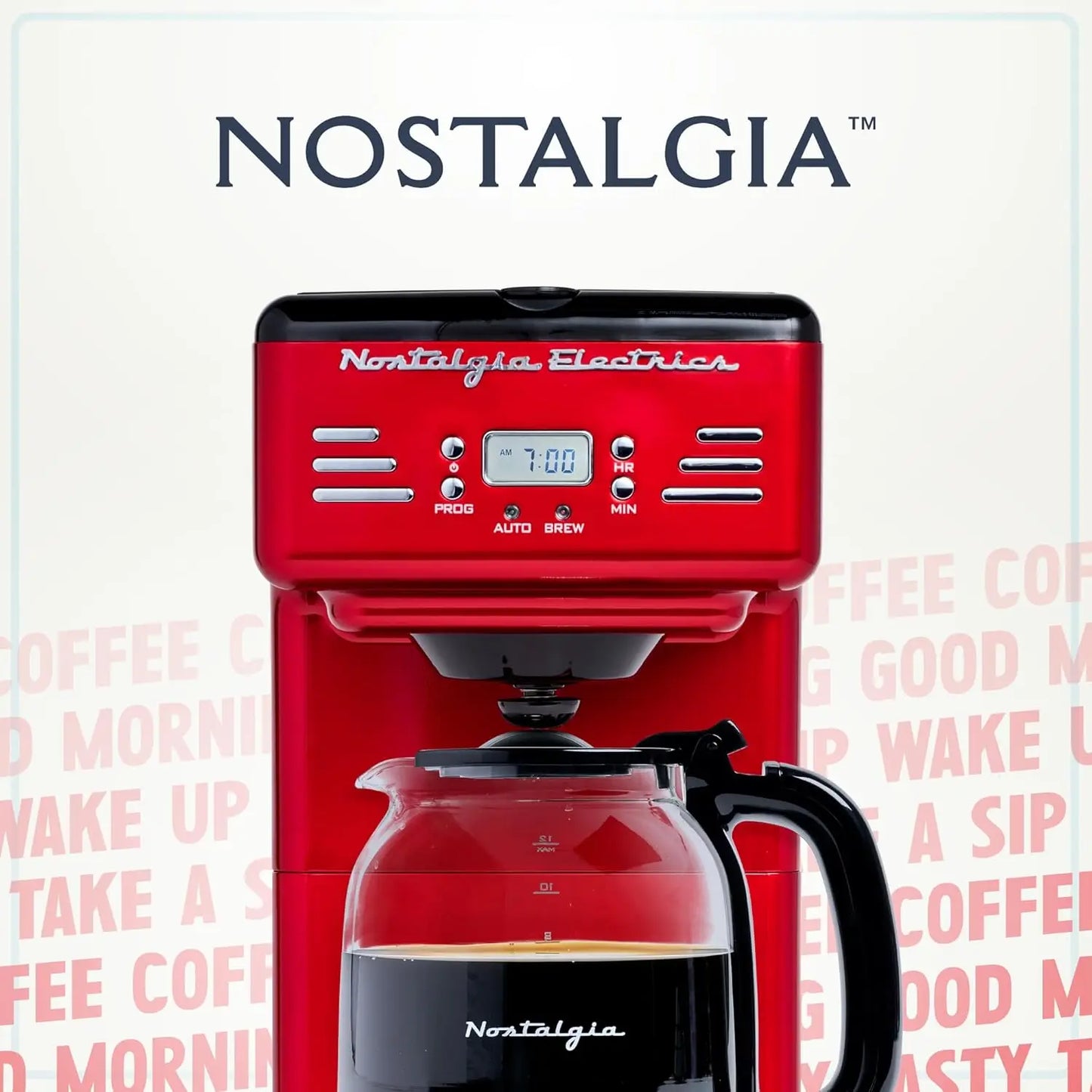 Anti-drip carafe of the Red Retro 12-Cup Programmable Coffee Maker ensuring mess-free pouring.