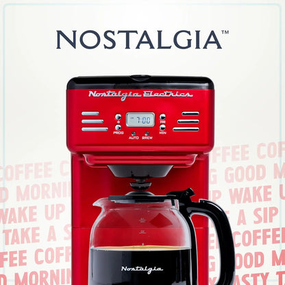 Anti-drip carafe of the Red Retro 12-Cup Programmable Coffee Maker ensuring mess-free pouring.