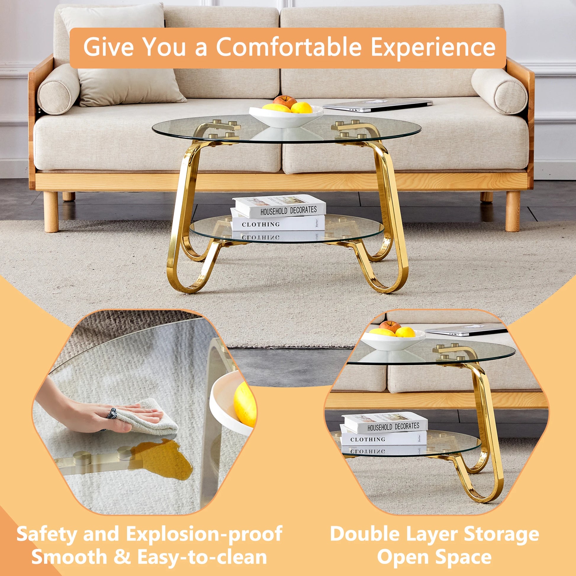 Retro Minimalist Metal Frame Coffee Table with Double-Layer Tempered Glass Top - Versatile & Stylish - styled in a modern living room setting showcasing the retro minimalist coffee table.