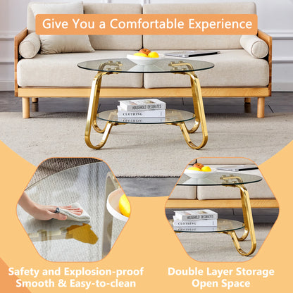 Retro Minimalist Metal Frame Coffee Table with Double-Layer Tempered Glass Top - Versatile & Stylish - styled in a modern living room setting showcasing the retro minimalist coffee table.