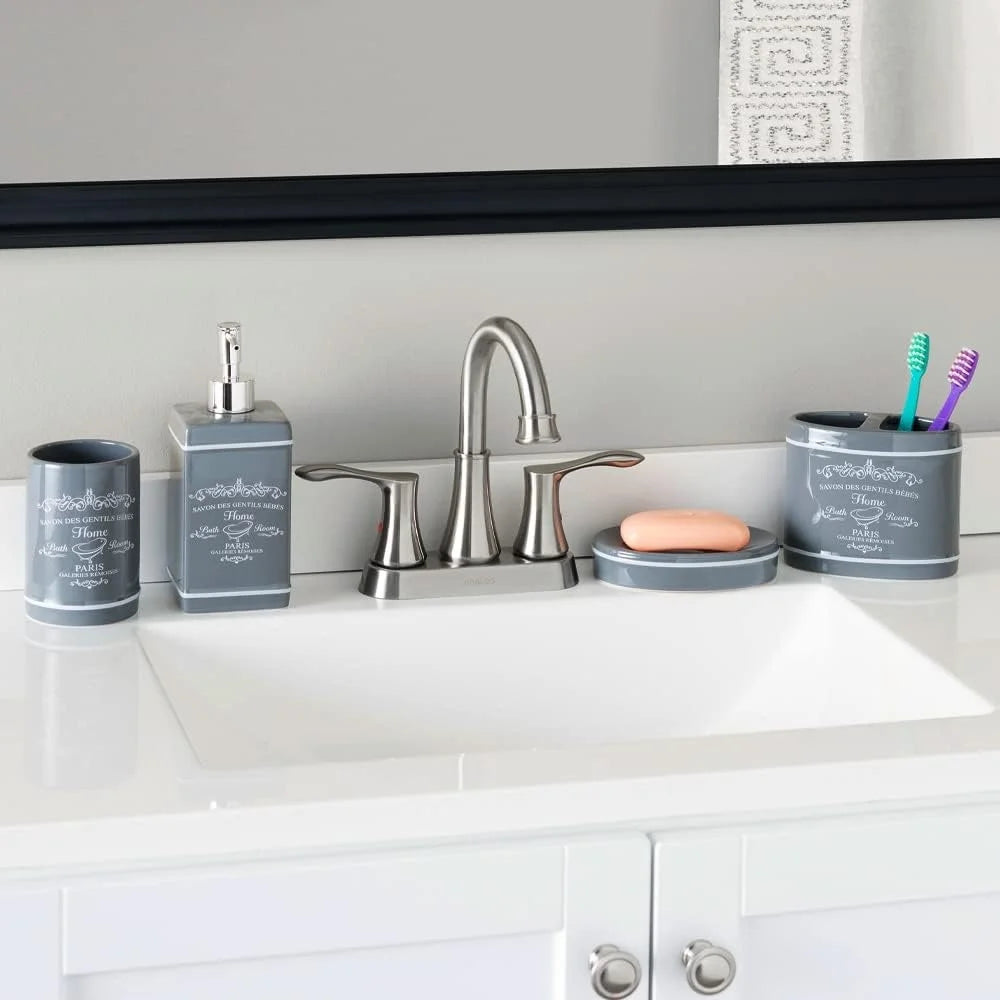 Decorative 4-Piece Gray Ceramic Bathroom Ensemble w/a Chic Paris Design