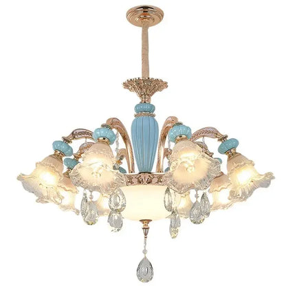 Frosted White Glass Tiffany Blue Floral Chandelier