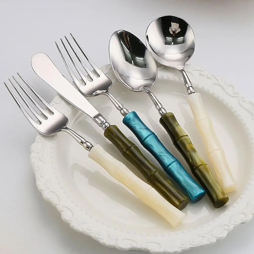 Flatware Set 18/10 Stainless Steel with Bamboo-Style Green Acrylic Handles – 5 Piece Bamboo Elite Cutlery for Modern Dining and Entertaining featuring elegant silver heads and olive green handles, perfect for upscale dining with stainless steel cutlery.