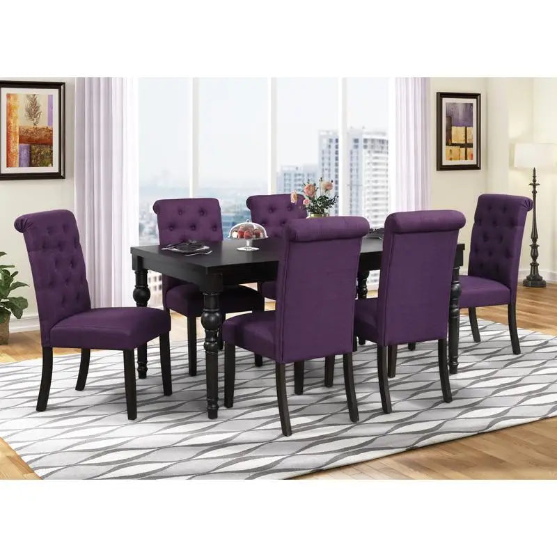 Urban Style 7-Piece Dark-Wash Wood Dining Set featuring elegant turned legs and vibrant purple upholstery.