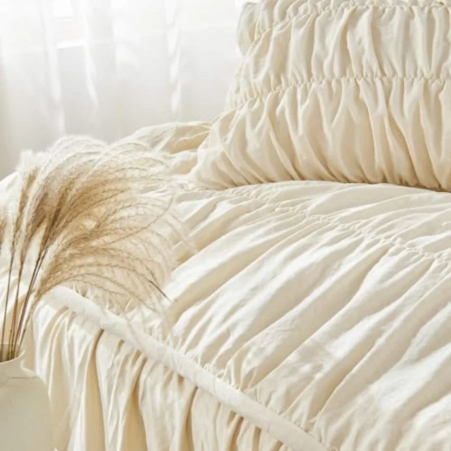 Full view of the Ruched Comforter Set styled on a bed, illustrating the luxurious farmhouse comforter look with boho elements.