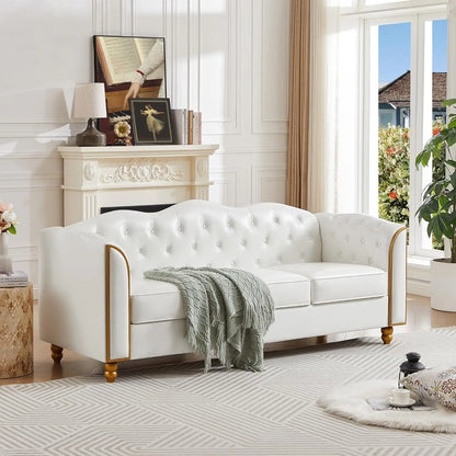 Luxurious White Button Tufted Upholstered Faux Leather Cloud Sofa/Couch