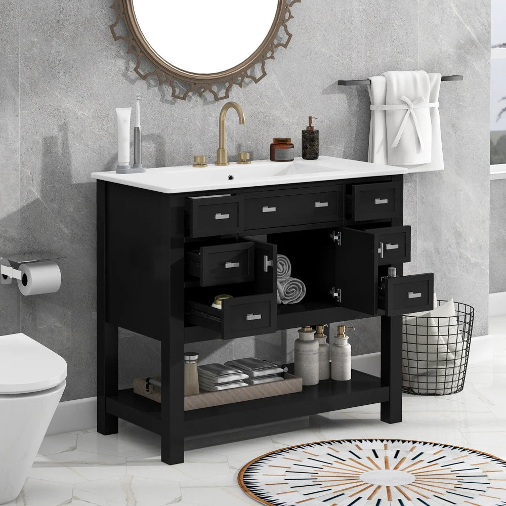Modern 36'' Independent Bathroom Vanity w/Mounted Ceramic Sink