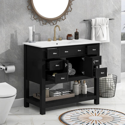Modern 36'' Independent Bathroom Vanity w/Mounted Ceramic Sink