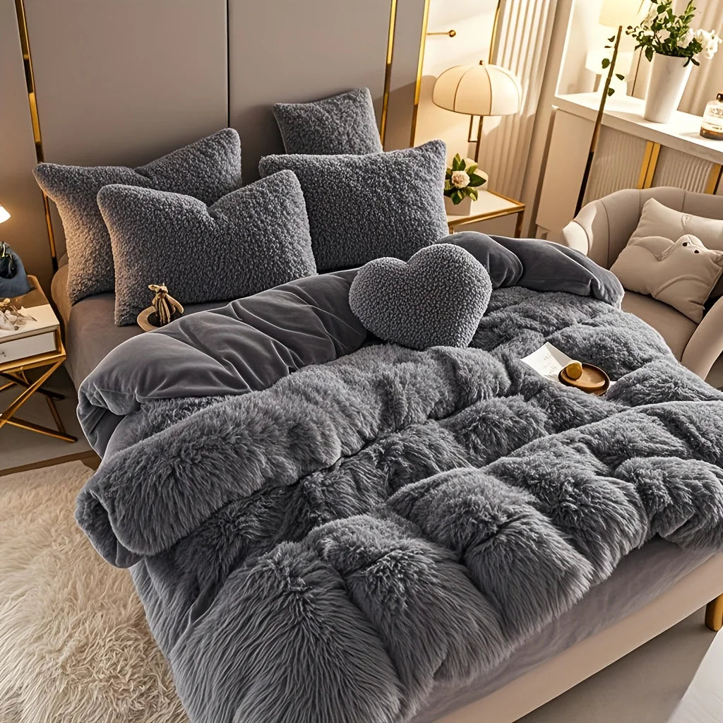 Faux Fur Duvet Cover Set shown in a relaxing bedroom setting, emphasizing its inviting and warm feel.