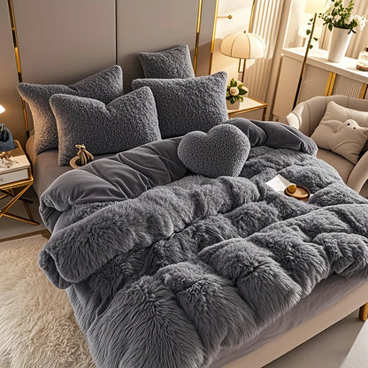 Faux Fur Duvet Cover Set shown in a relaxing bedroom setting, emphasizing its inviting and warm feel.