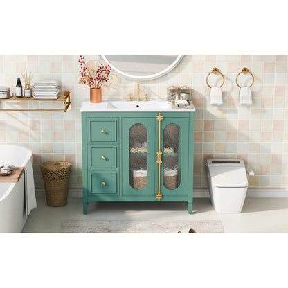 Modern 36" Double Glass Door Bathroom Cabinet w/Undermount Ceramic Sink