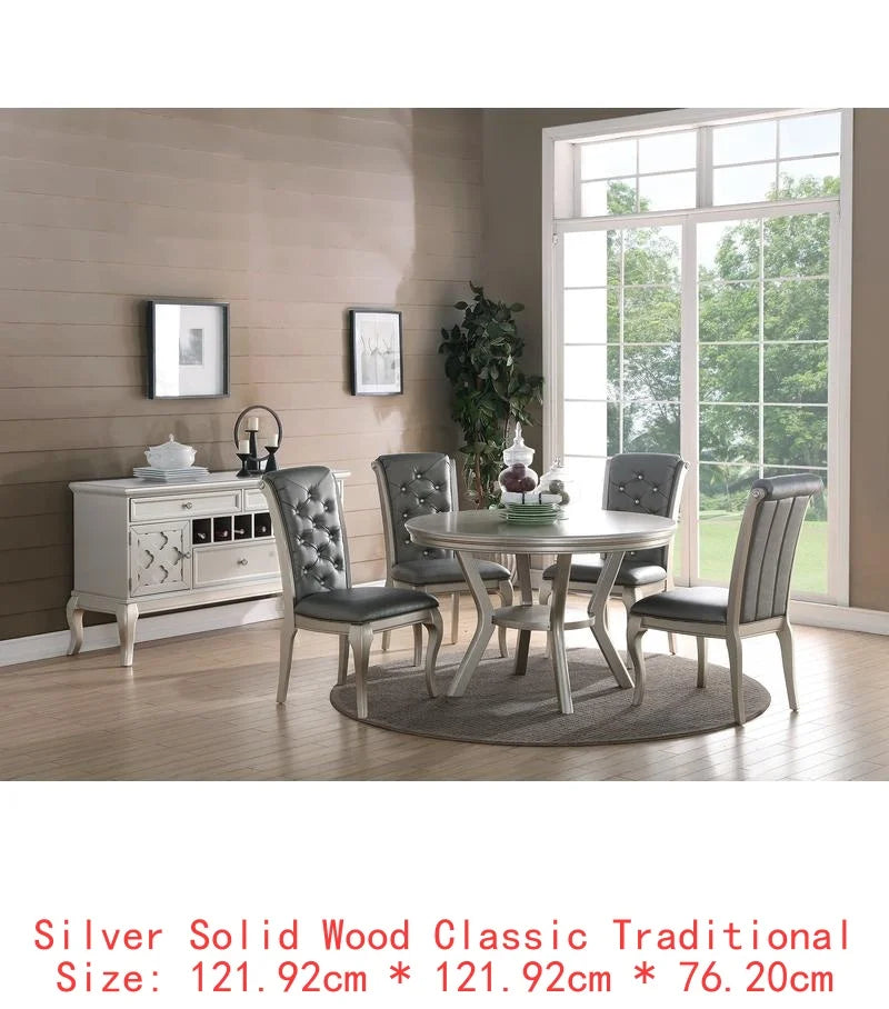 Italian Inspired 7-Piece Silver Glass Tabletop Dining Table Set w/ 6 Tufted Side Chairs 