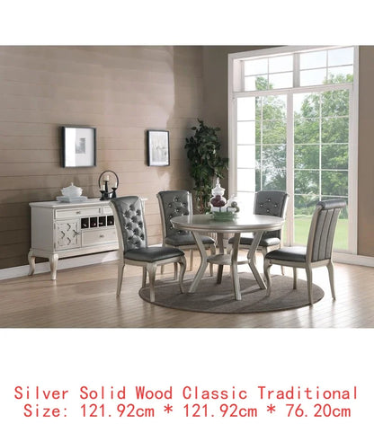 Italian Inspired 7-Piece Silver Glass Tabletop Dining Table Set w/ 6 Tufted Side Chairs 