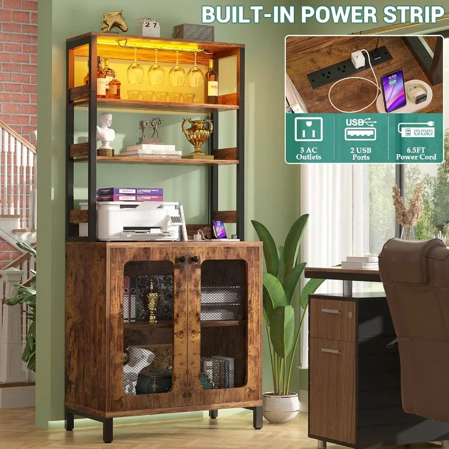 67" Tall Rustic Brown Wine Bar Cabinet w/RGB LED Lights