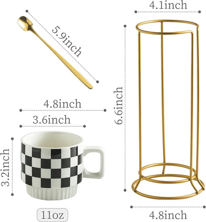 Close-up view of the Modern Checkered Black And White Ceramic stackable coffee mug set highlighting the trendy checkered design and sleek finish.