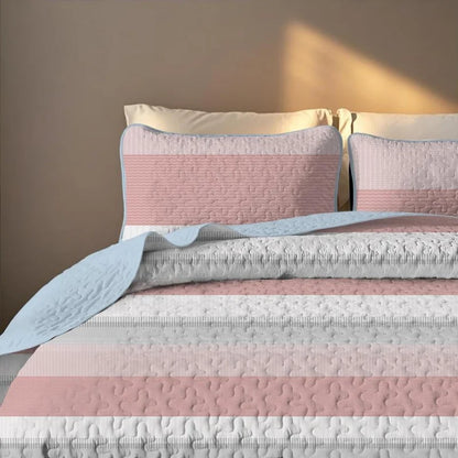 Pink and White Striped Quilt Set, Lightweight All-Season Bedspread with Pillow Shams for Queen & King Beds offering breathable all-season comfort in a pink striped quilt