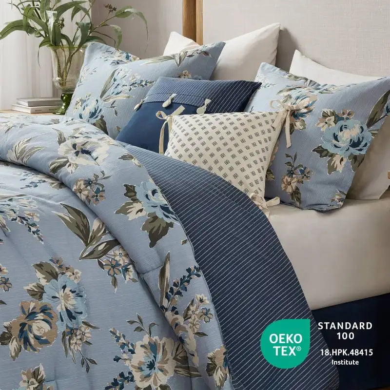 Cozy setup featuring the 7-Piece Queen Size Vintage Floral Comforter Set, highlighting its refreshing blue tones and elegant design.