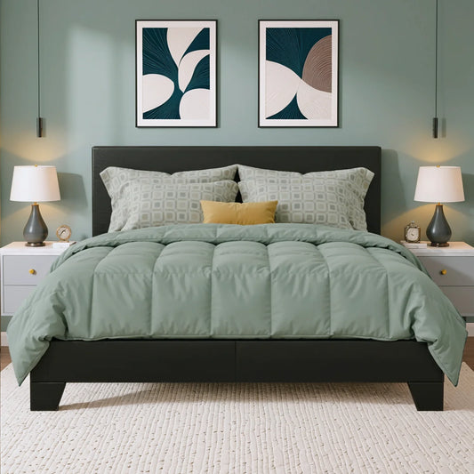 Side view of Modern Platform Bed - Stylish upholstered platform bed featuring smooth faux leather.
