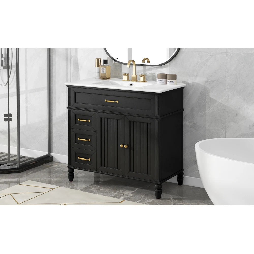 Freestanding 36" Black  Bathroom Vanity w/Retro Gold Handles & Ceramic Sink