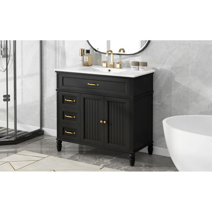 Freestanding 36" Black  Bathroom Vanity w/Retro Gold Handles & Ceramic Sink
