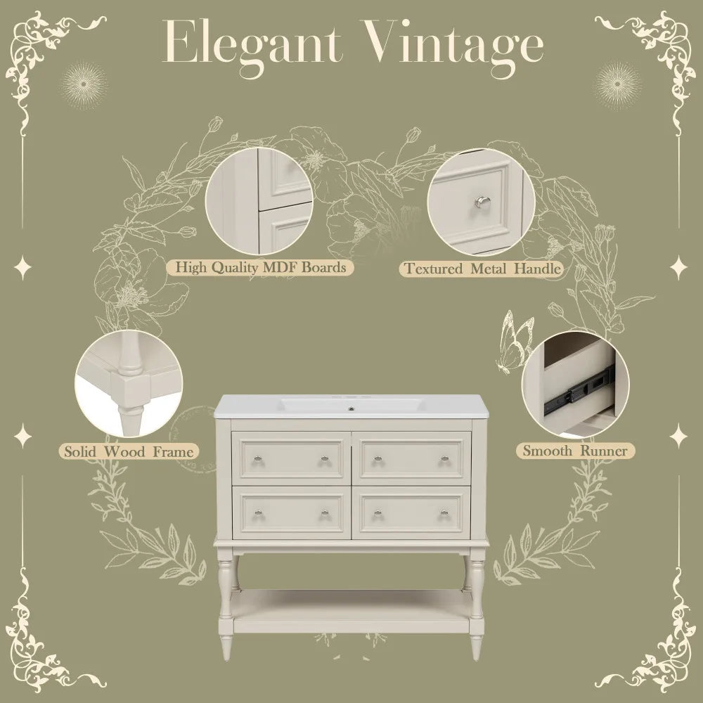 36" Beige Bathroom Vanity w/Ceramic Undermount Sink