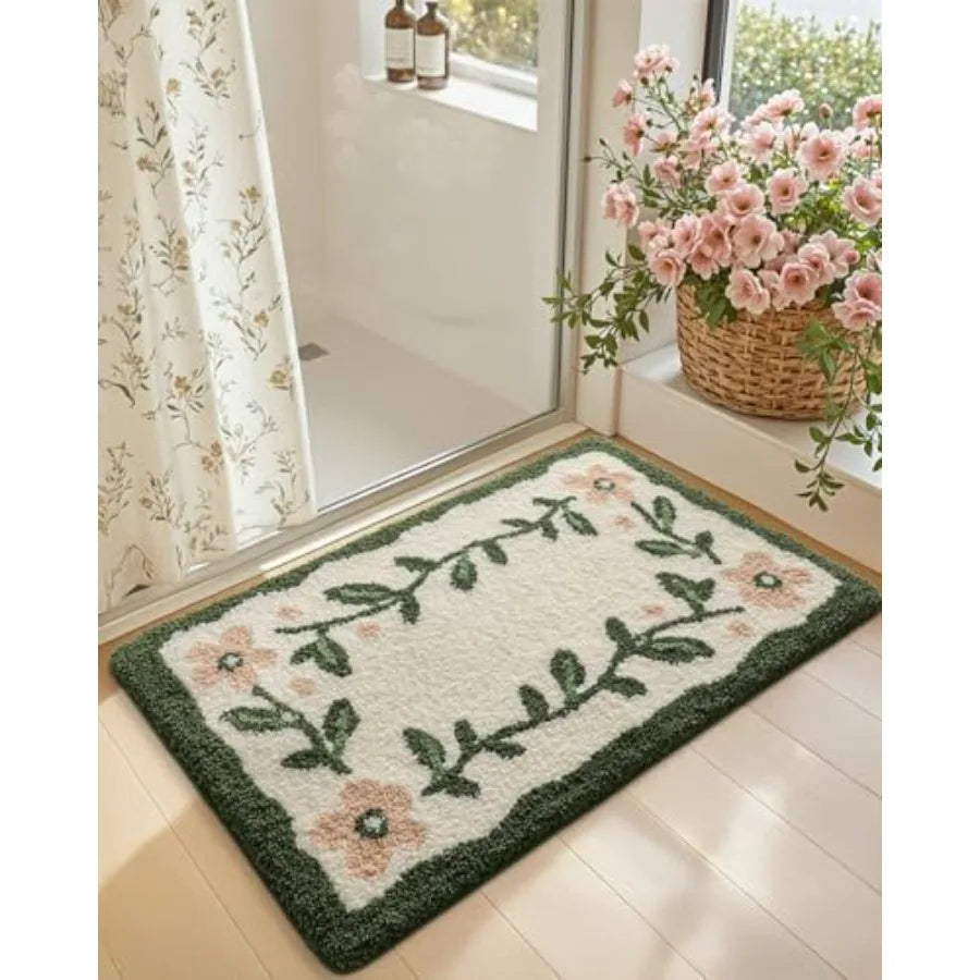 Overview of the 32x20 Microfiber Floral Bath Mat, highlighting the anti-slip rubber backing for safety and comfort.