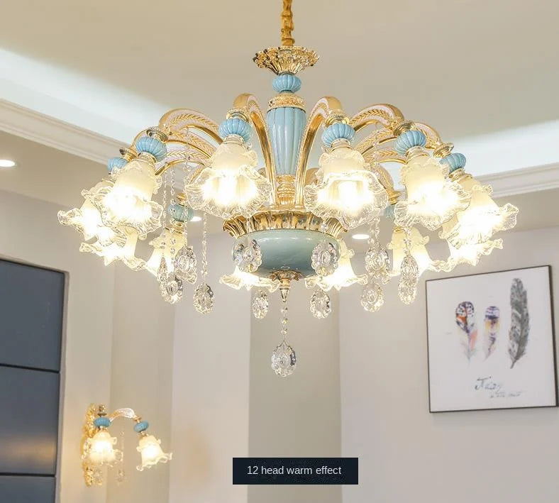 Frosted White Glass Tiffany Blue Floral Chandelier