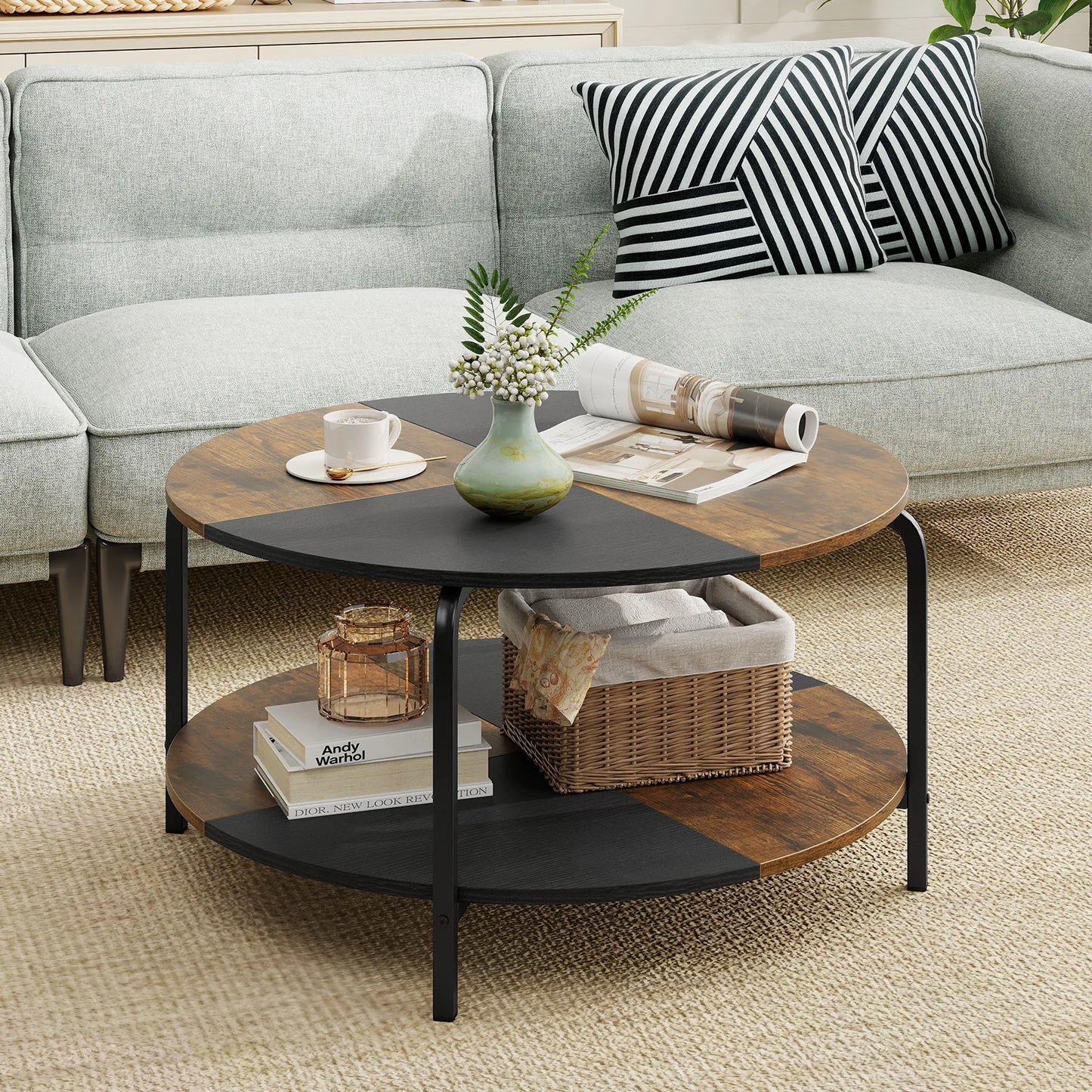 Close-up view of the top of the 31.5-Inch 2-Tier Round Coffee Table, showcasing its elegant split-color finish that enhances your décor.