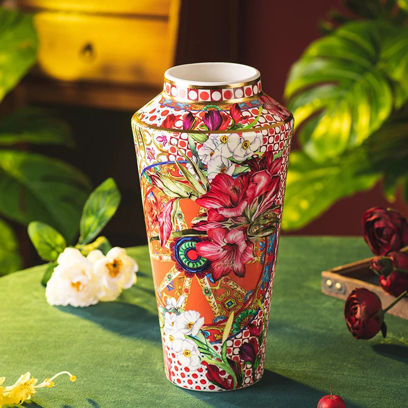 Colorful Ceramic Vase standing tall with gold accents, perfect for showcasing fresh flowers or dried arrangements.