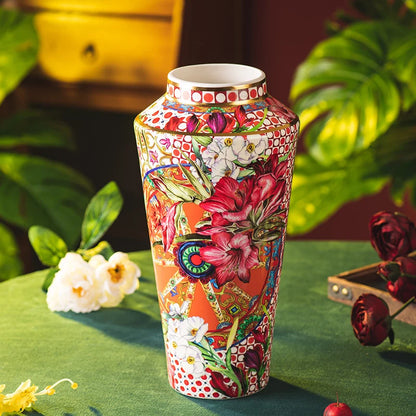 Colorful Ceramic Vase standing tall with gold accents, perfect for showcasing fresh flowers or dried arrangements.