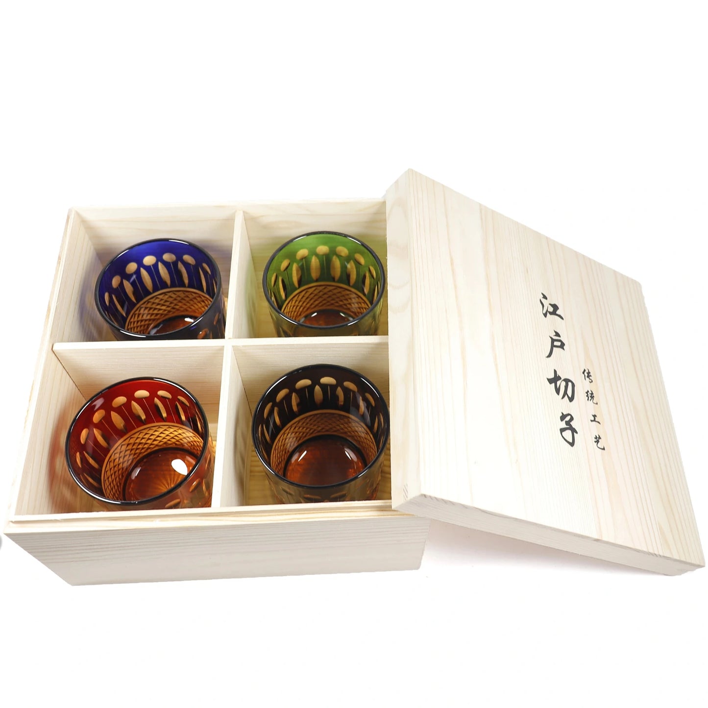 Unique Premium Hand-Cut Whiskey Glass – Lead-Free Crystal Edo Kiriko Tumbler with a vibrant amber base, ideal for upscale cocktail parties.