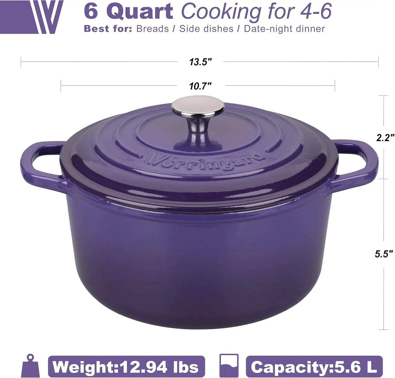 Close-up view of the purple enameled cast iron dutch oven 6QT, highlighting its smooth finish and looped handles for easy handling.