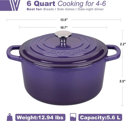 Close-up view of the purple enameled cast iron dutch oven 6QT, highlighting its smooth finish and looped handles for easy handling.