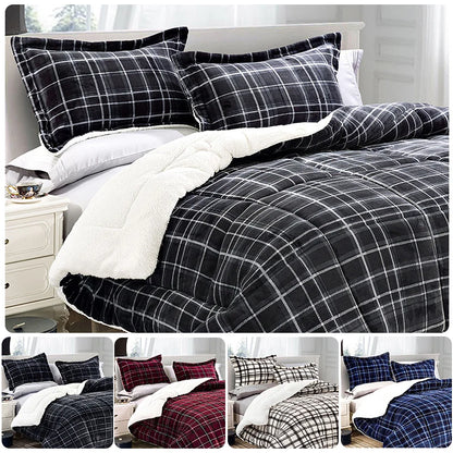 Cozy charcoal black Luxury Plaid Sherpa Comforter Set showcasing its reversible design and fluffy Sherpa backing.
