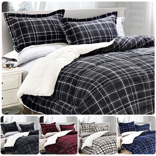 Cozy charcoal black Luxury Plaid Sherpa Comforter Set showcasing its reversible design and fluffy Sherpa backing.