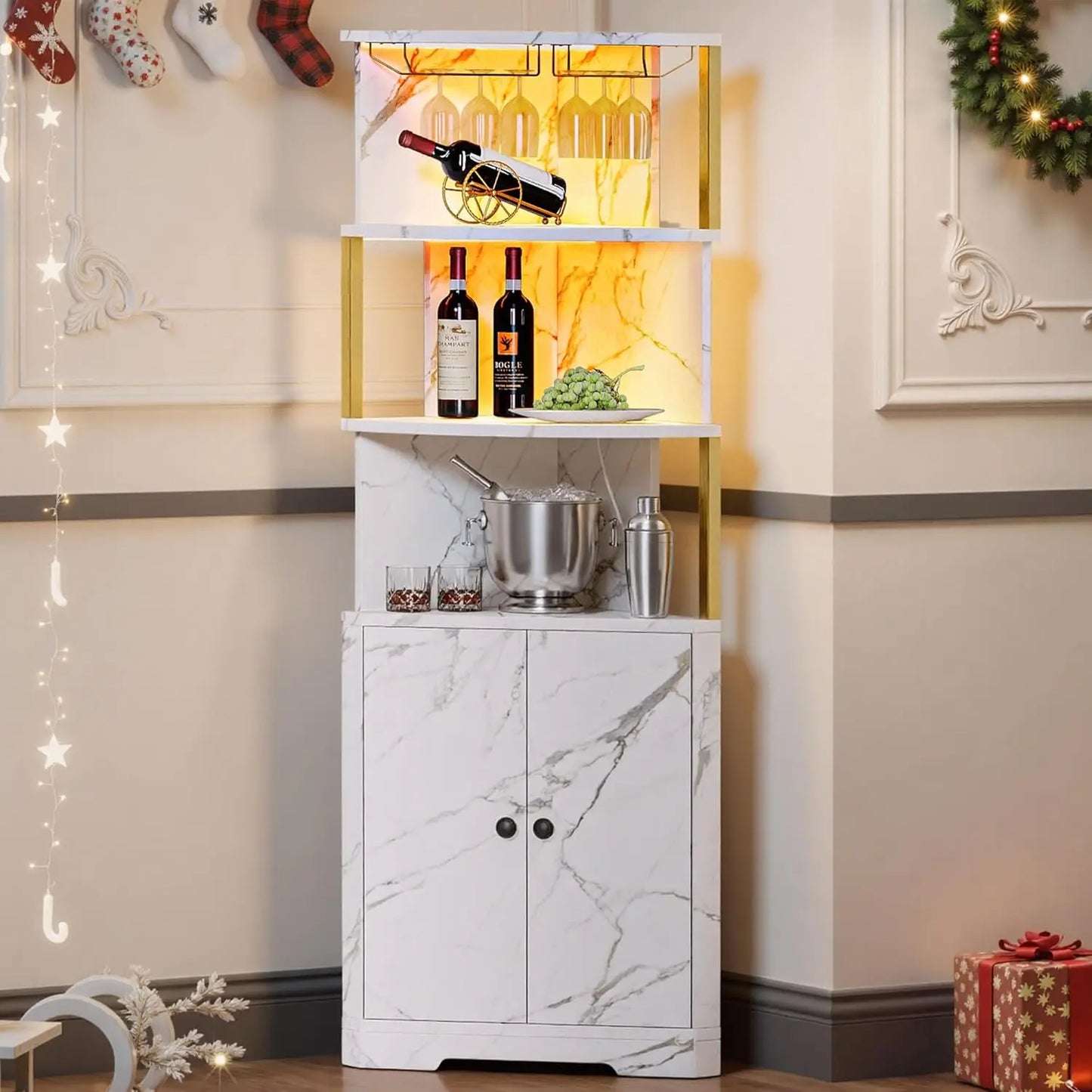 Slim and space-saving design of the Corner Bar Cabinet, ideal for transforming small corners into functional bars.