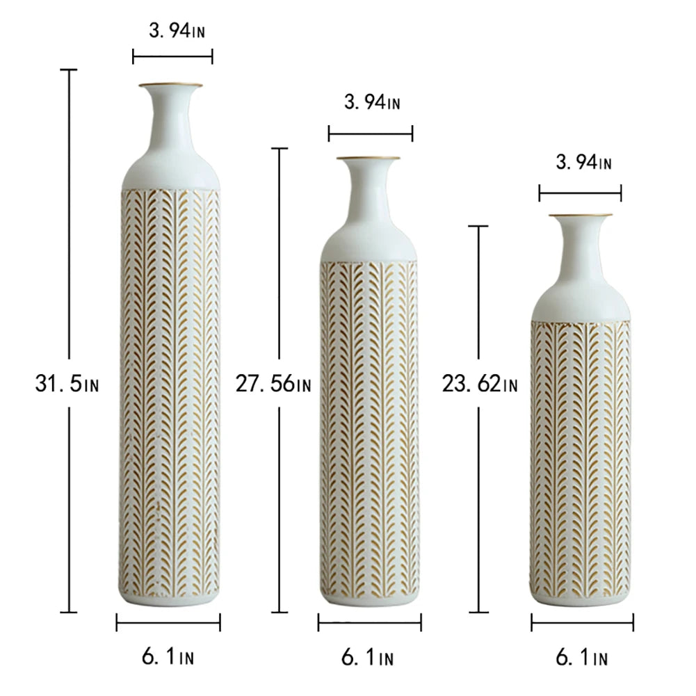 White Tall & Slender Metal Cylindrical Floor Vase~Set of 3
